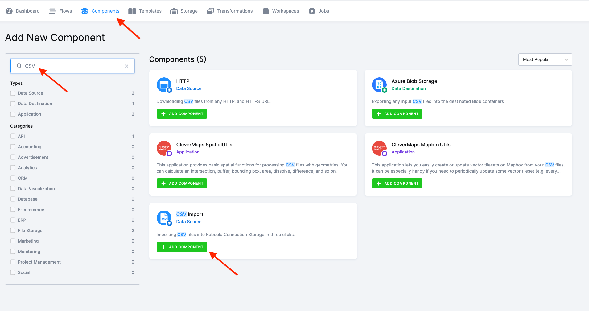 Screenshot - Components search for CSV Import
