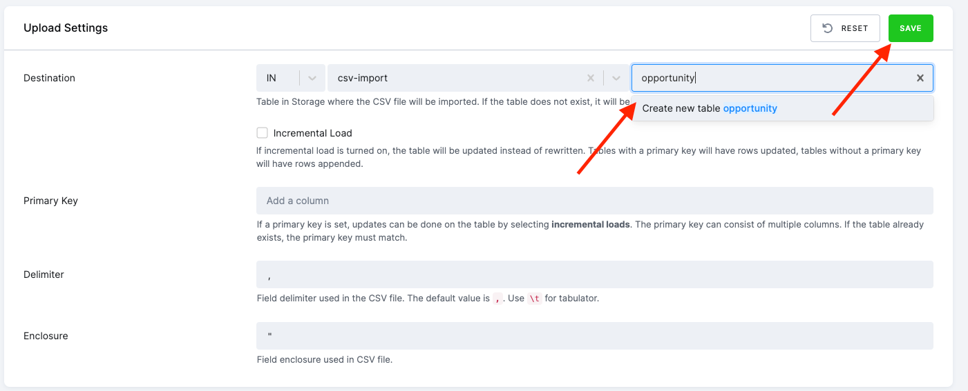 Screenshot - Set the destination table