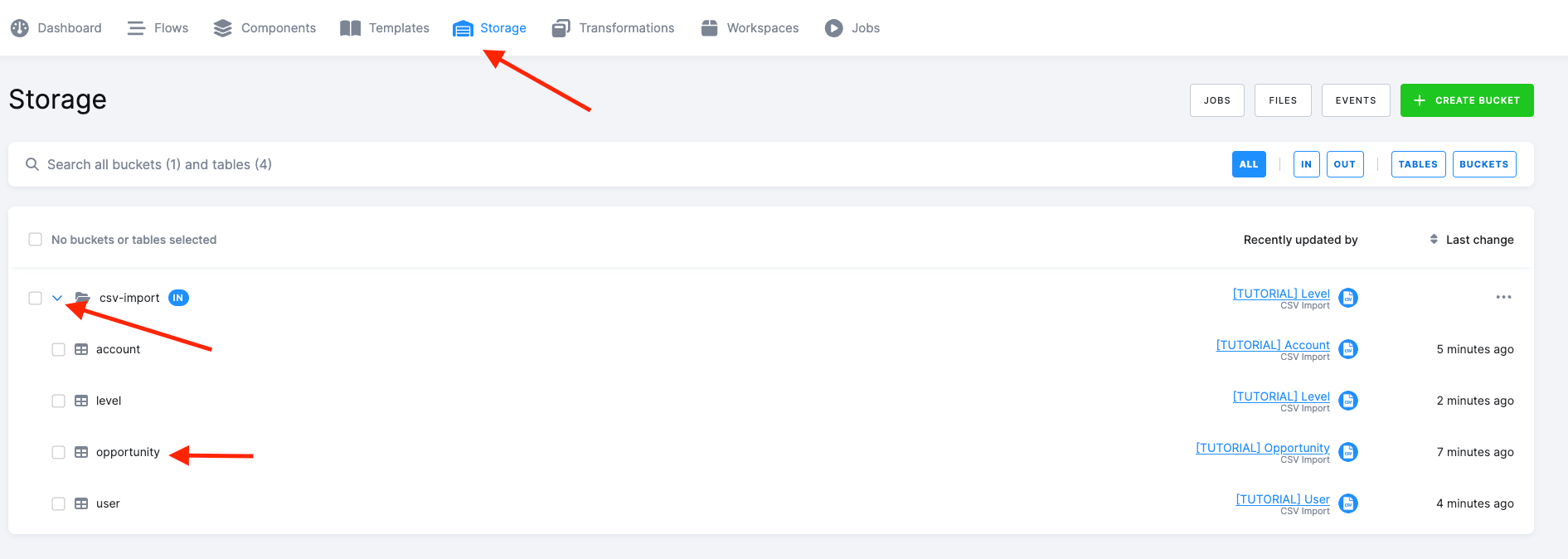 Screenshot - The four tables in Storage
