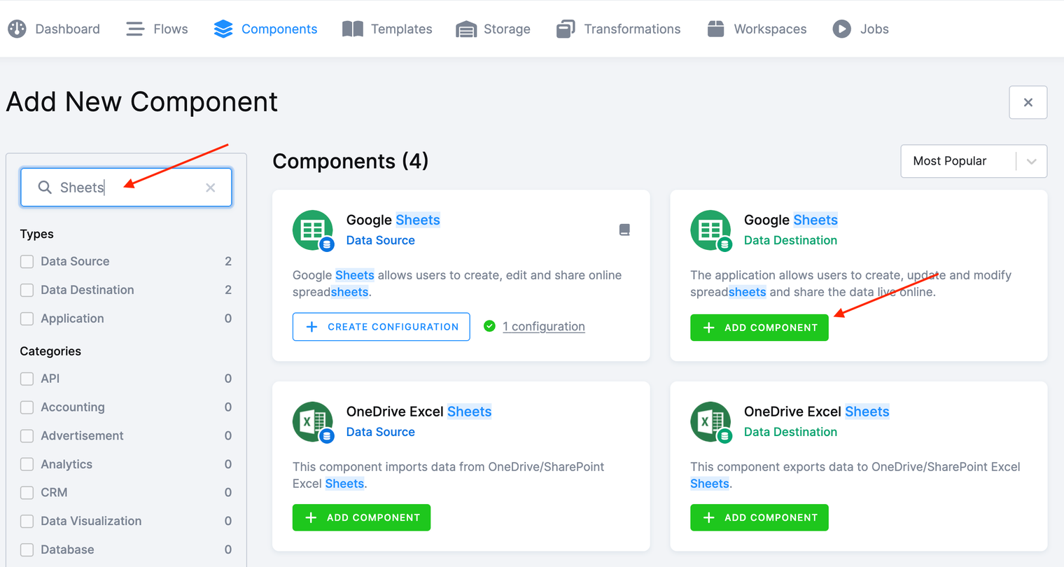 Screenshot - Search for the Google Sheets destination
